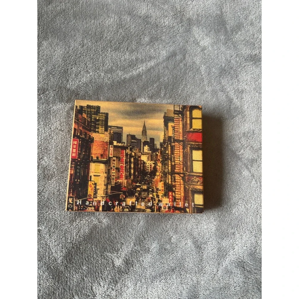 Handcrafted Vegan Leather Bifold Wallet Cityscape Urban Print New in Box